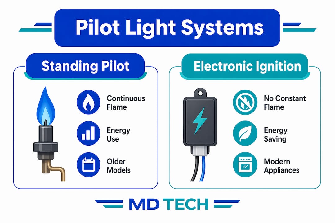 Infographic comparing standing pilot and electronic ignition systems