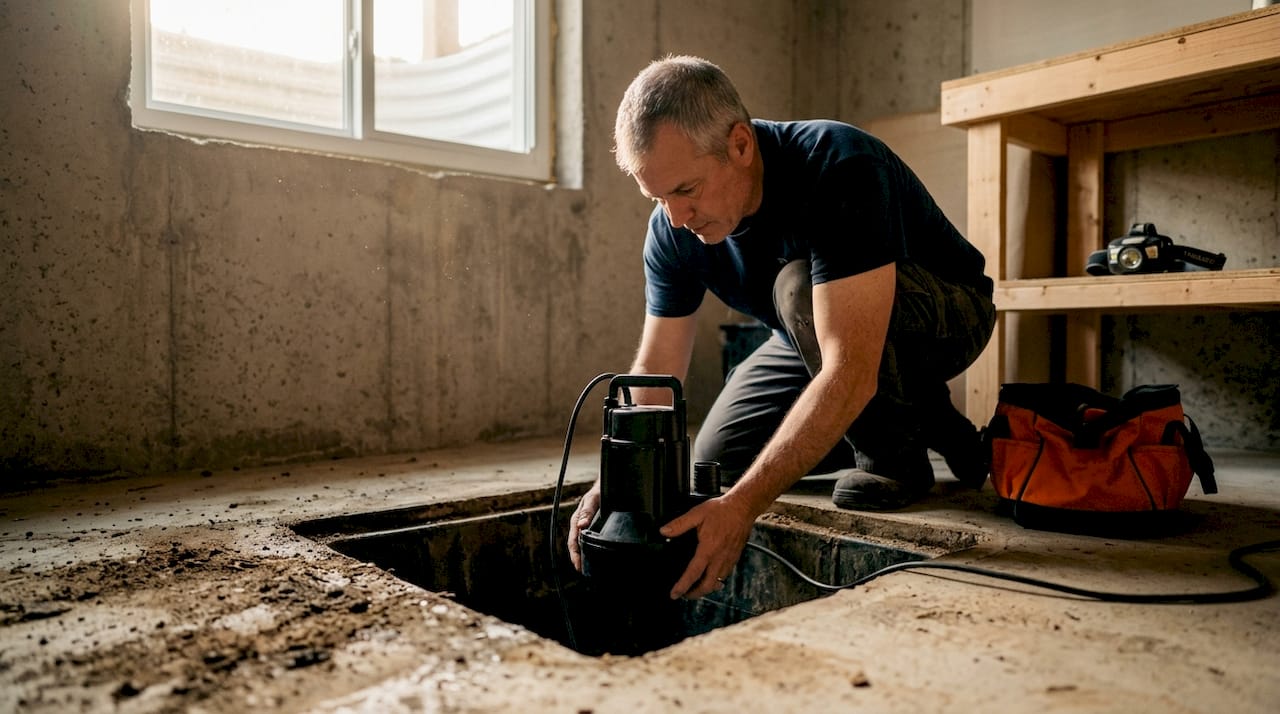 Person installing sump pump in basement