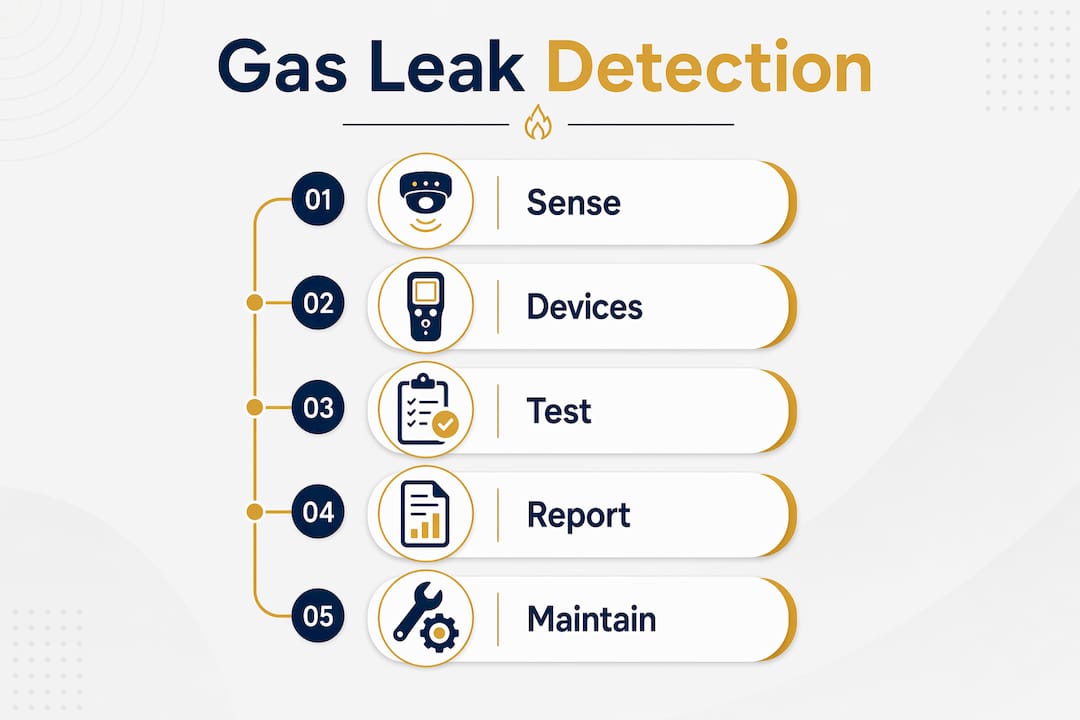 Infographic showing gas leak detection steps