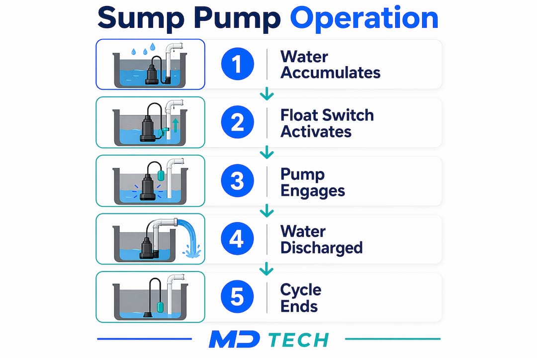 Infographic showing sump pump operational steps