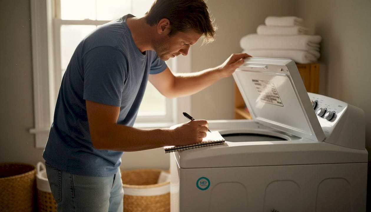 Person checking washer model number under lid