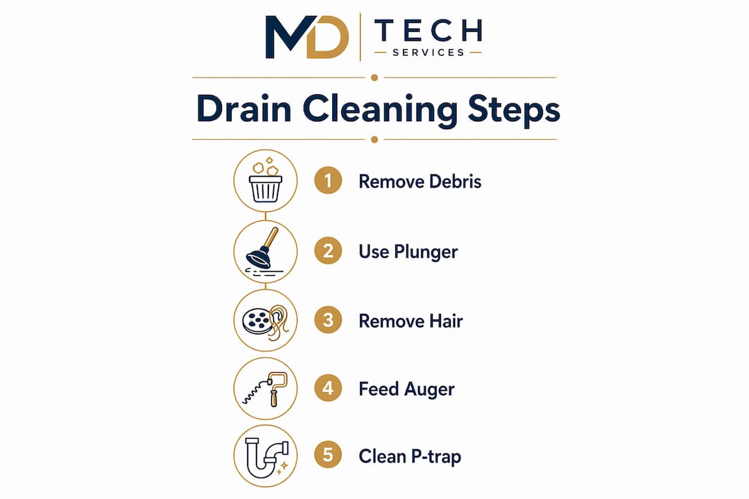 Infographic showing step-by-step drain cleaning process