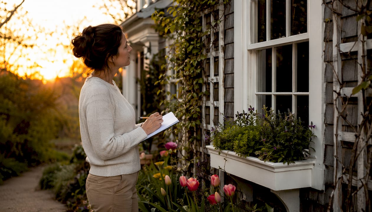 Woman inspecting house exterior with clipboard outdoors