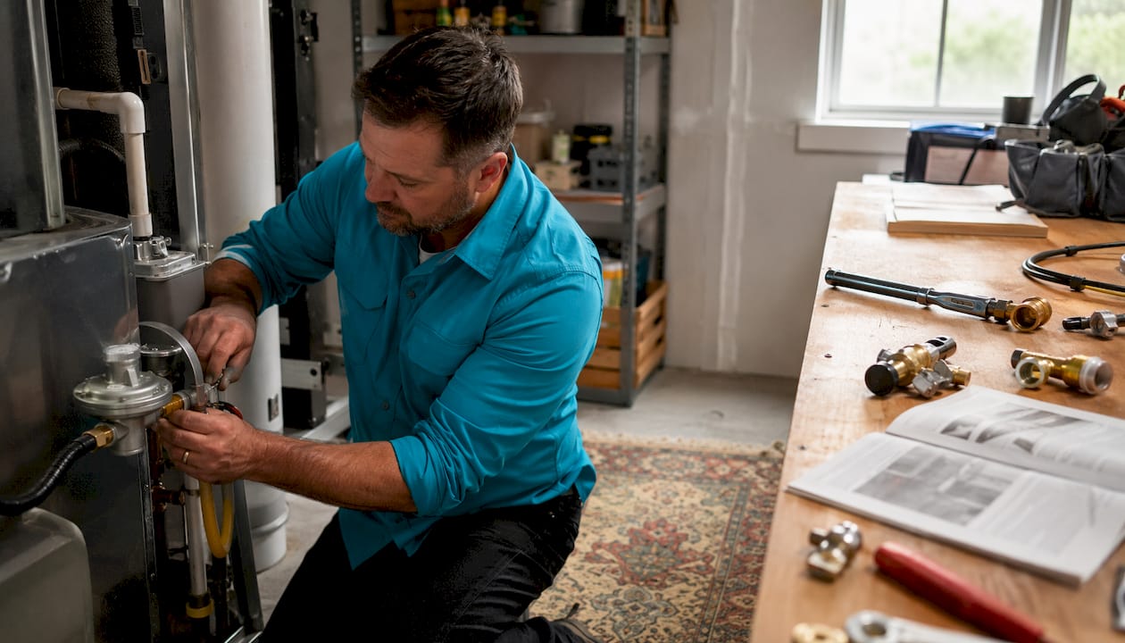 Technician adjusting gas regulator and tools
