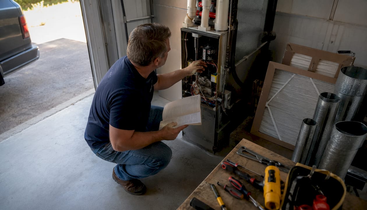 Homeowner inspecting HVAC equipment with checklist