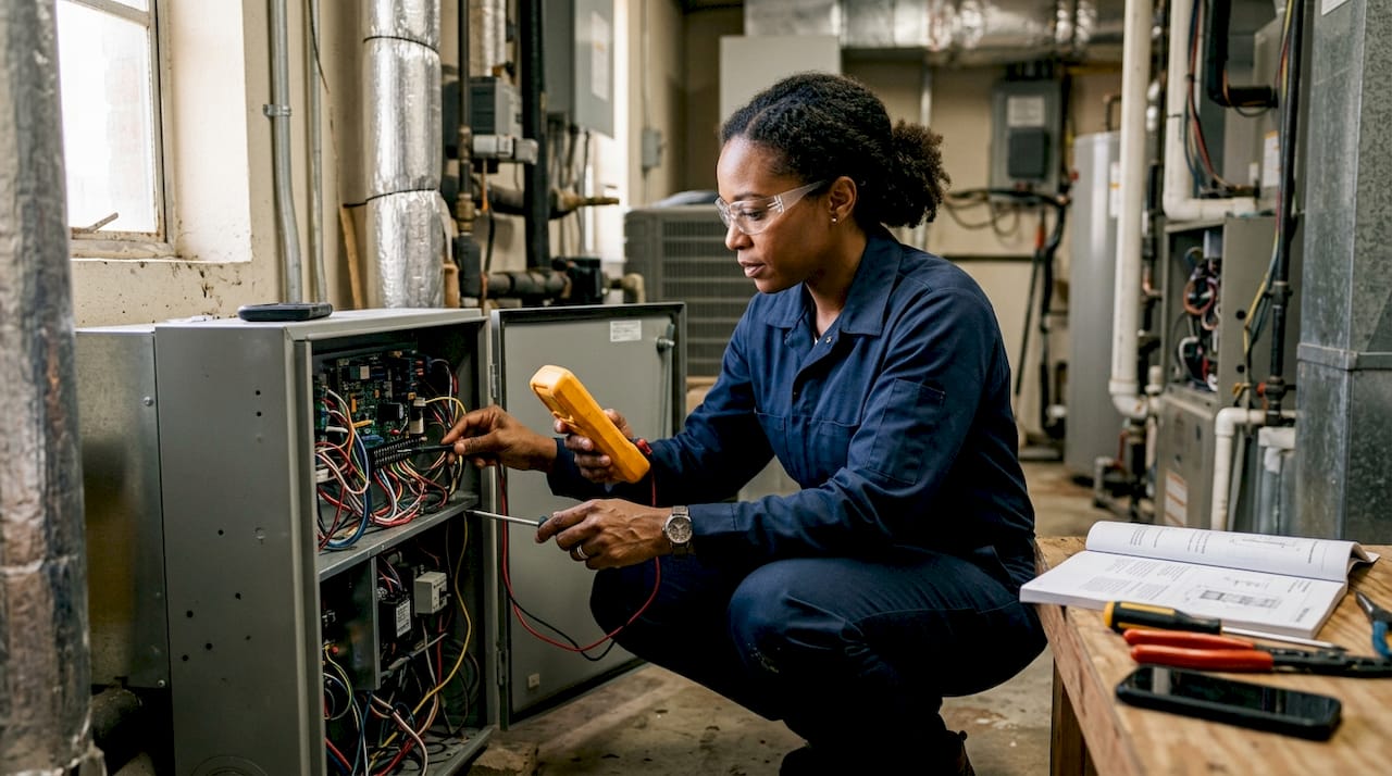 HVAC technician installing multi-family system