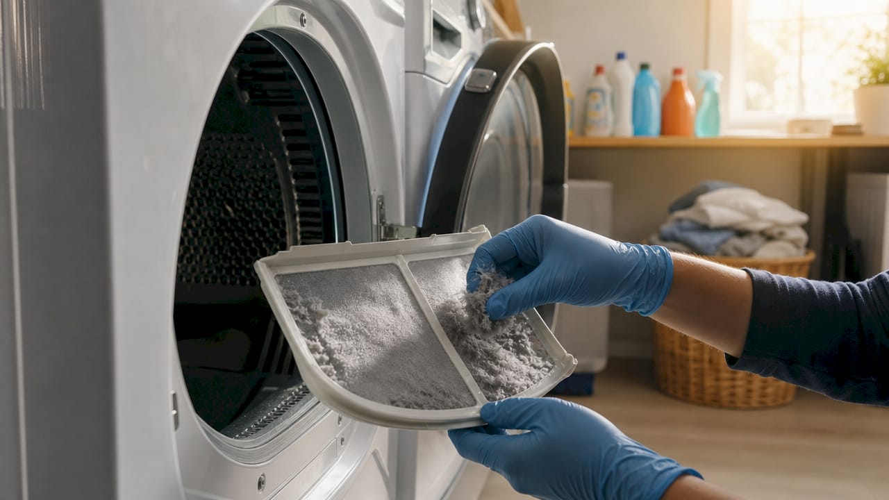 Hands cleaning LG dryer lint filter in laundry room