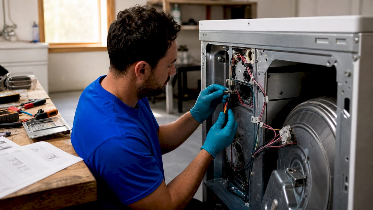 Technician testing LG dryer thermal fuse with multimeter