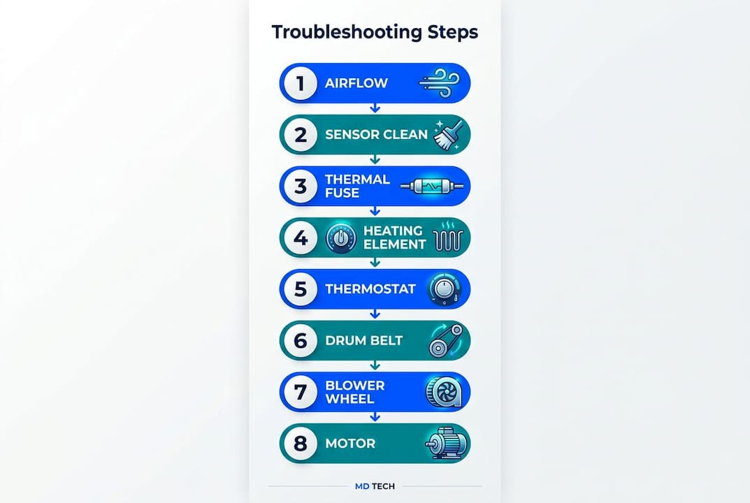 Infographic showing LG dryer troubleshooting steps