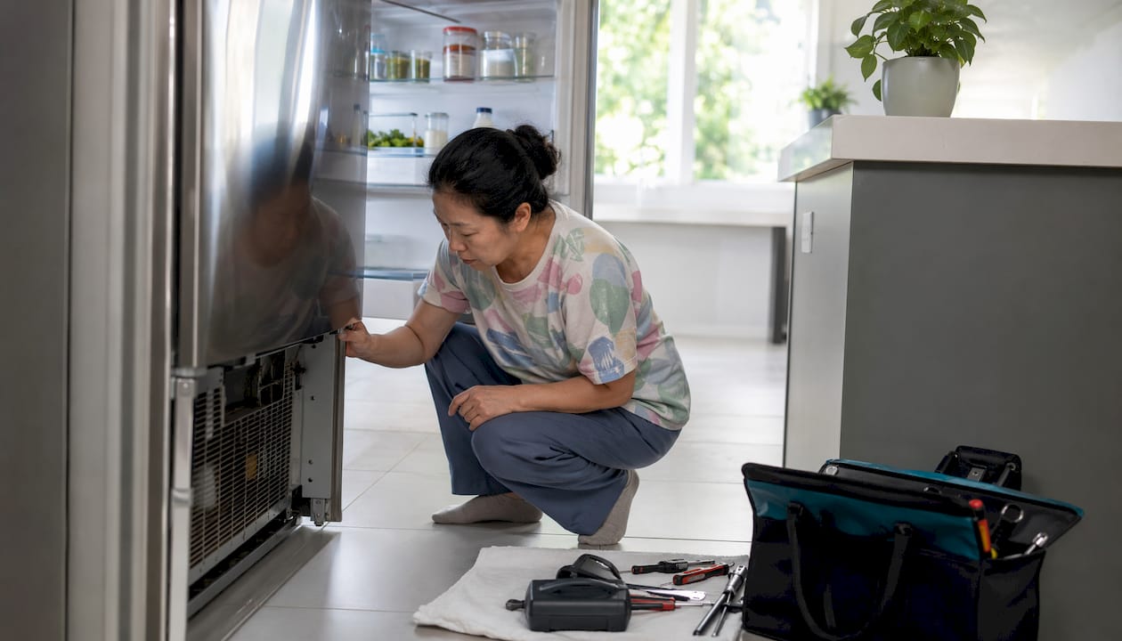 Woman inspecting refrigerator vents in kitchen