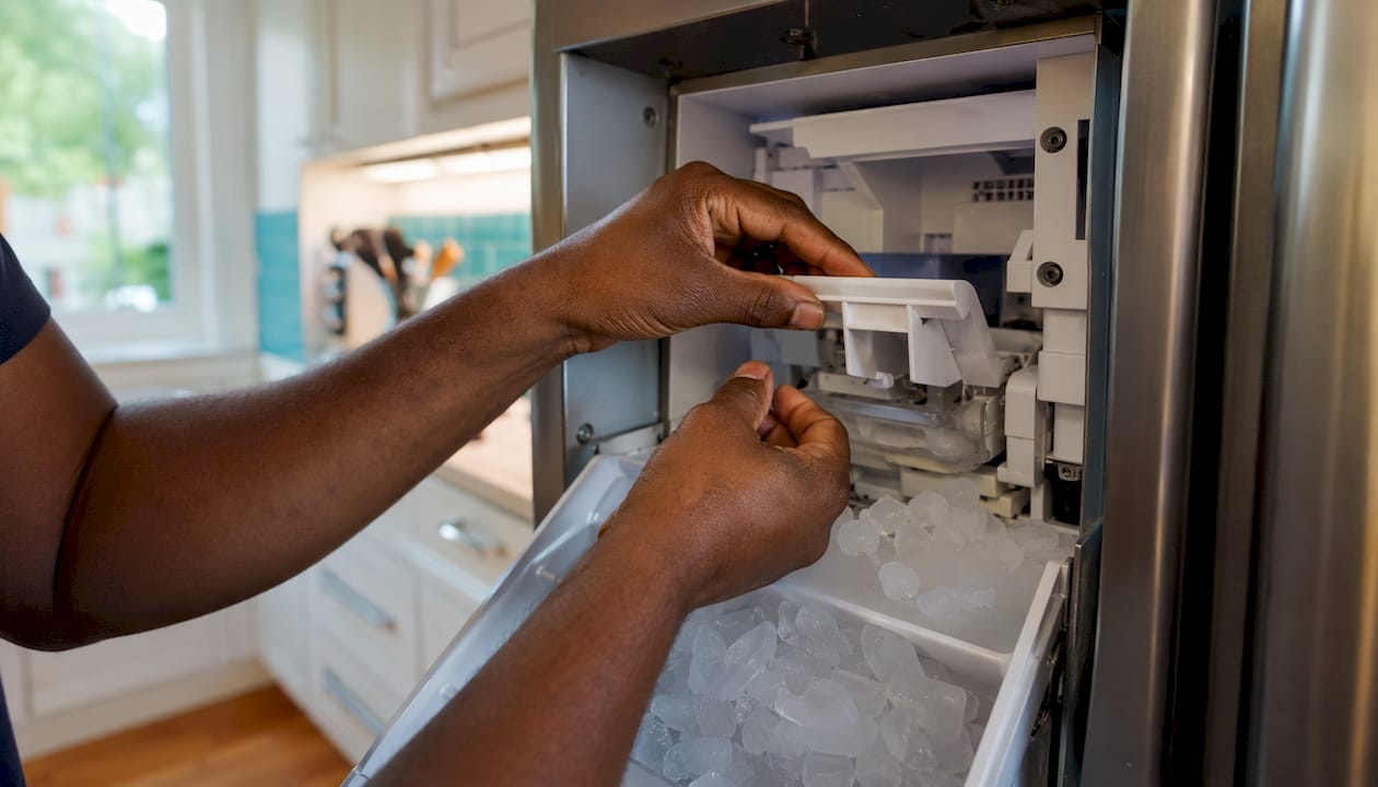 Hands clearing ice maker jam in refrigerator