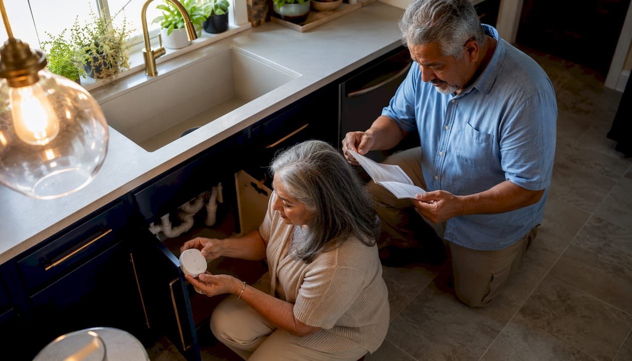 Elderly couple installing smart plumbing device