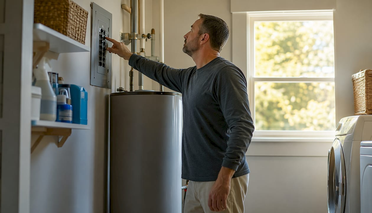 Homeowner turning off water heater power switch