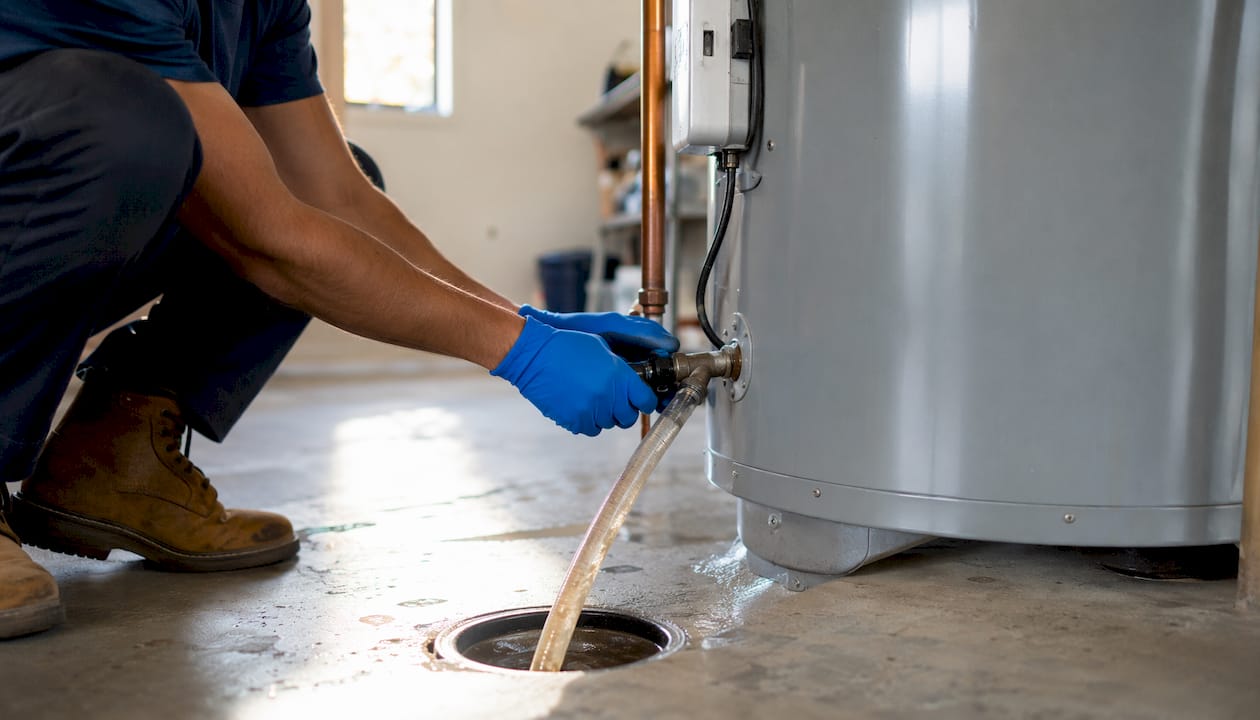 Hands draining sediment from water heater tank