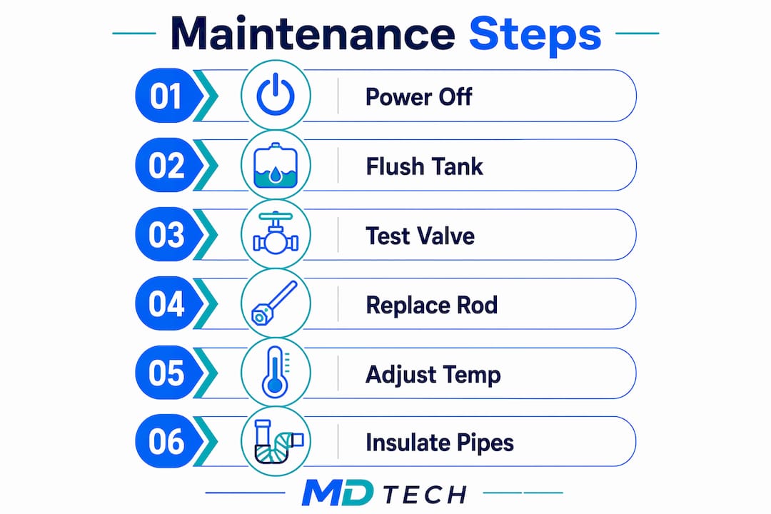 Infographic showing key water heater maintenance steps