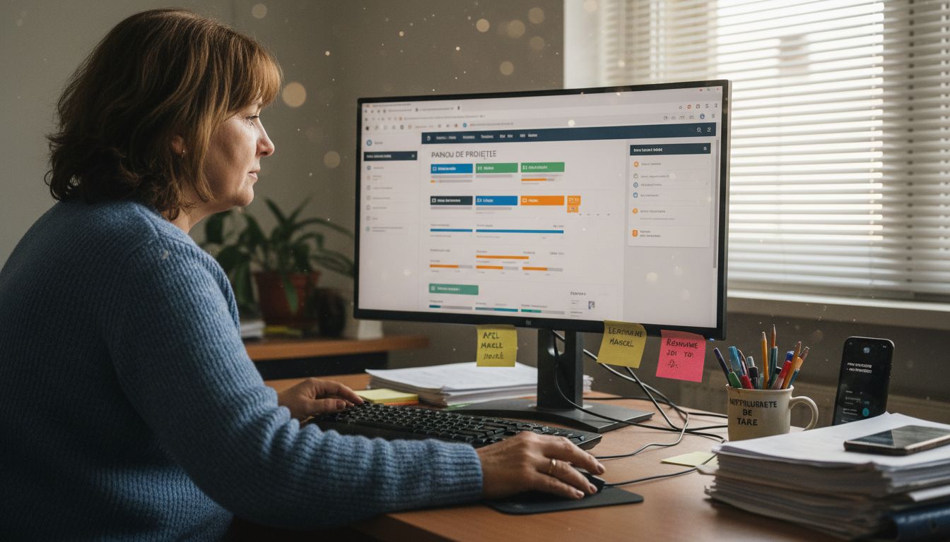 O femeie lucrează la birou, gestionându-și activitatea digitală pe calculator.