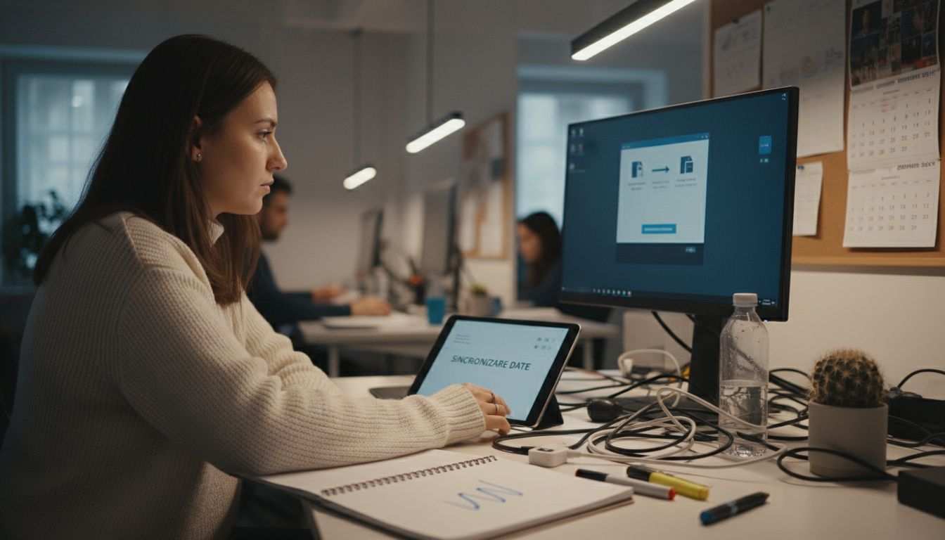 Angajat care folosește instrumente digitale pentru automatizarea sarcinilor la birou