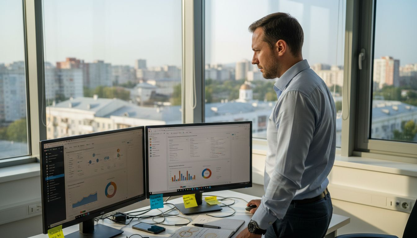 IT-менеджер в офисе в Молдове следит за работой на облачной платформе.