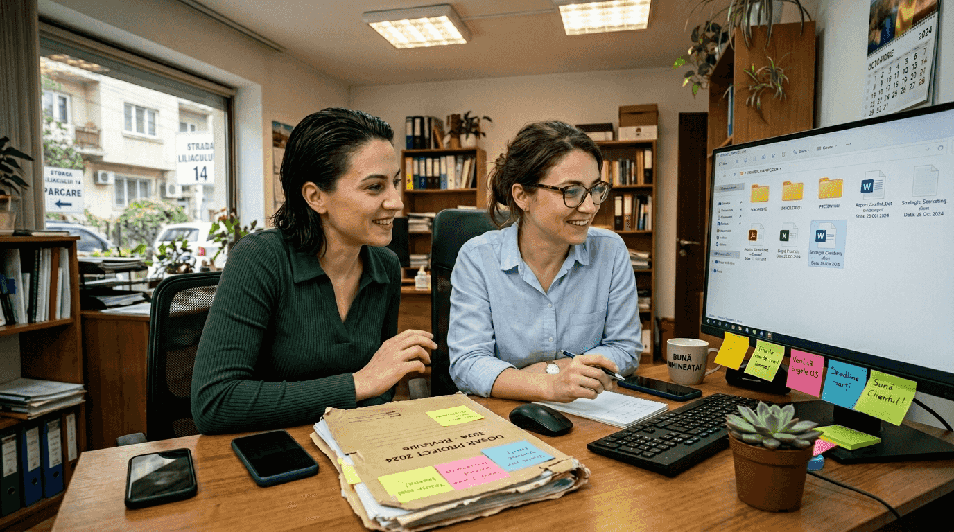 Două colege de la birou lucrează împreună la digitalizarea documentelor.