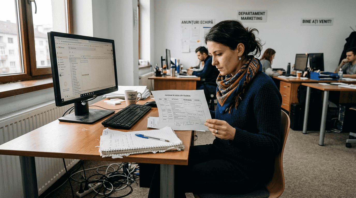 O colegă analizează și optimizează procesele de lucru în cadrul proiectului de reorganizare a activității (BPR).