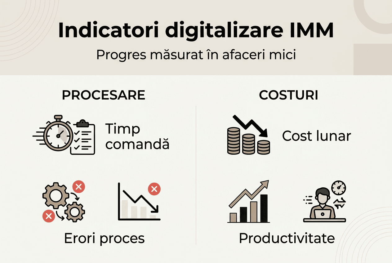 Infografic despre principalele indicatori care arată cât de digitalizate sunt IMM-urile din România