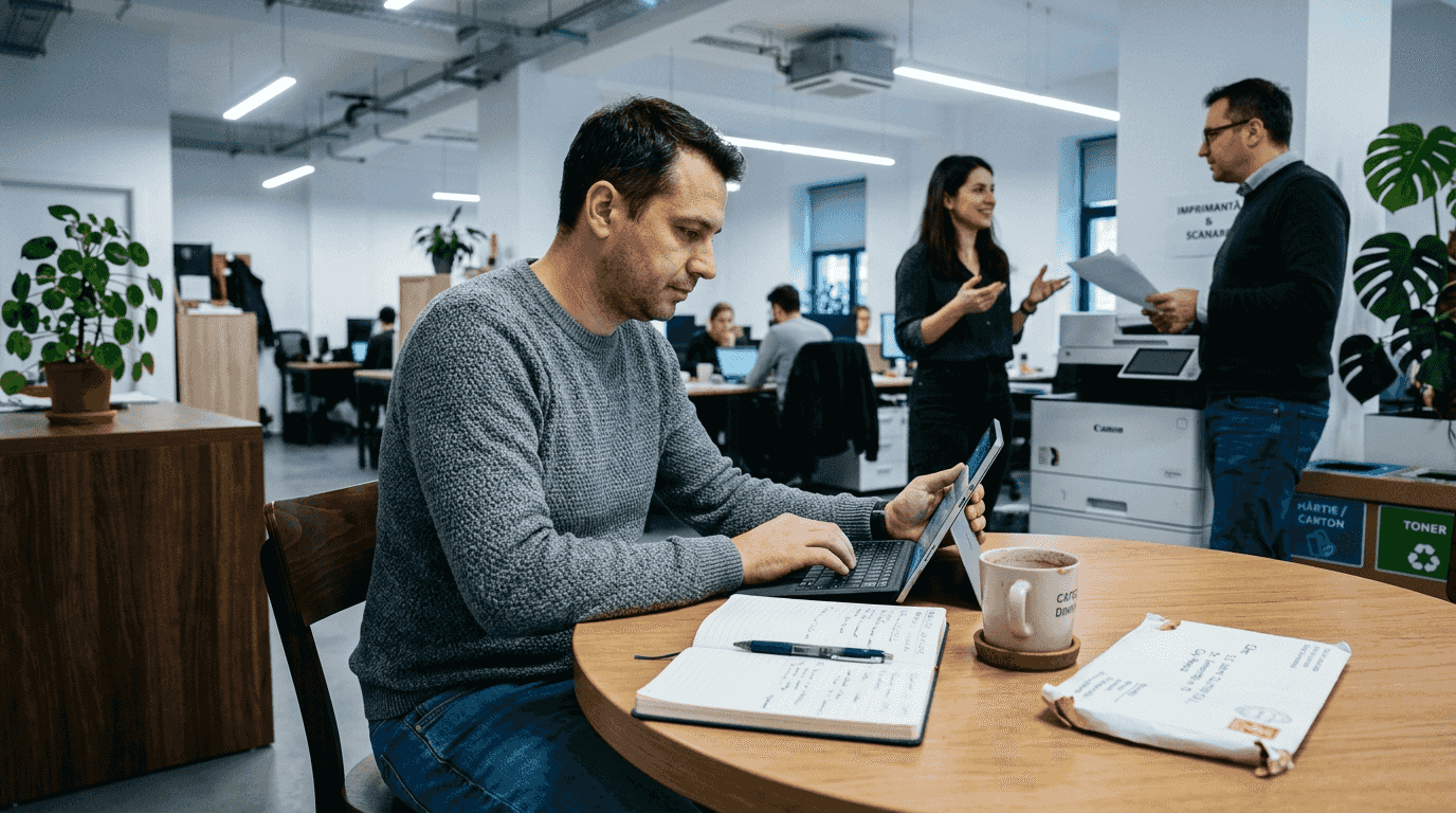 O antreprenoare lucrează pe tabletă într-un spațiu de coworking.