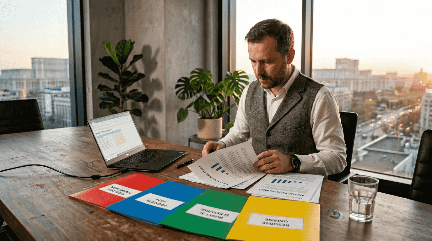 Un manager de IMM studiază rapoartele pentru a economisi timp.