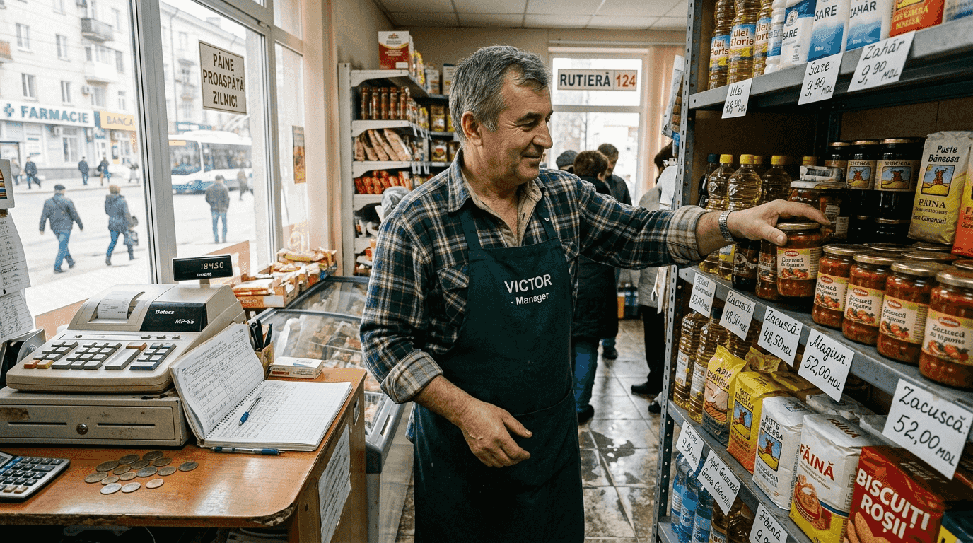 Администратор магазина расставляет товар на полках в супермаркете Молдовы.