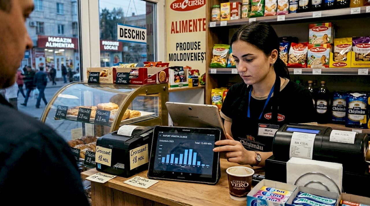 Casiera verifică pe tabletă datele despre vânzările online direct din magazin.