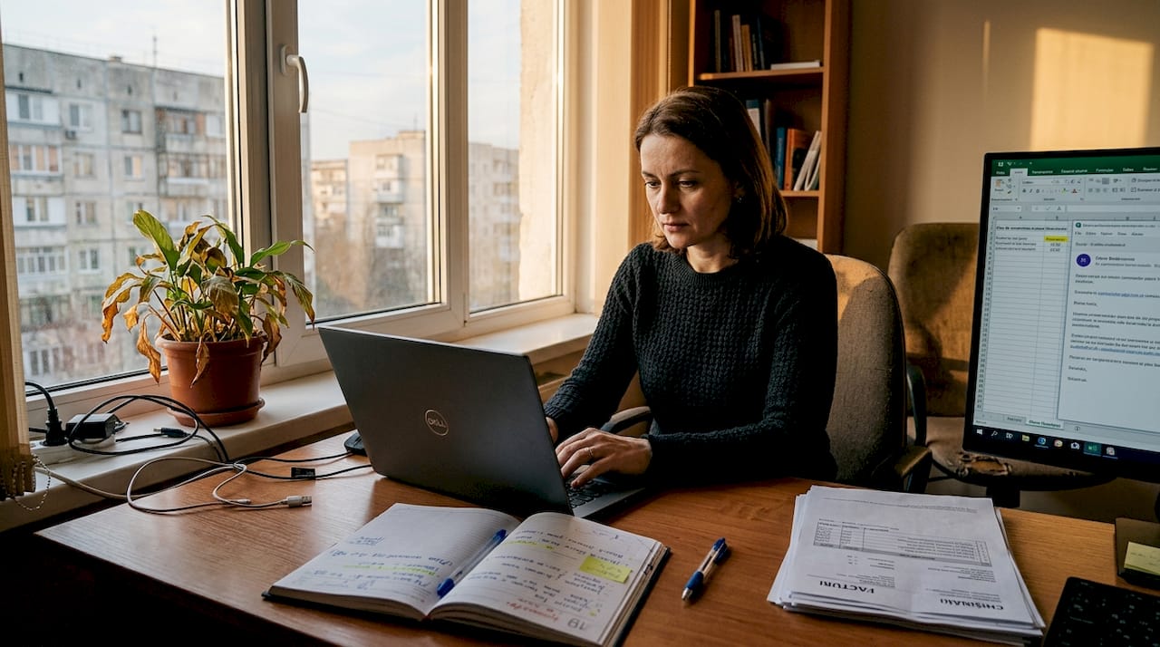 Женщина работает за ноутбуком в современном офисе в Кишиневе.