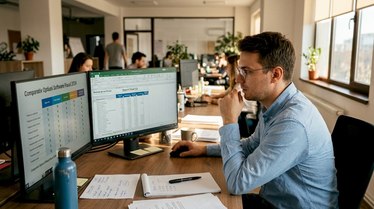 Un contabil analizează cu atenție un program de gestiune fiscală la birou.
