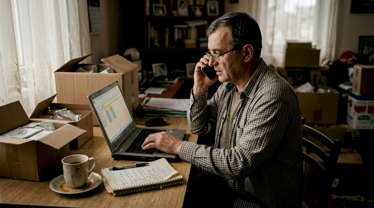 Antreprenorul își coordonează comenzile atât de pe telefon, cât și de pe laptop.