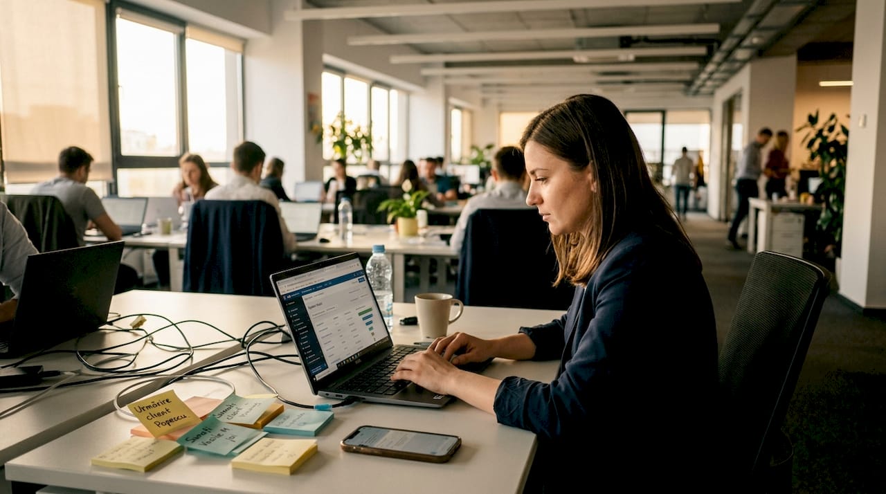 Reprezentantul de vânzări folosește CRM-ul pentru a ține legătura cu clienții și a urmări discuțiile anterioare.