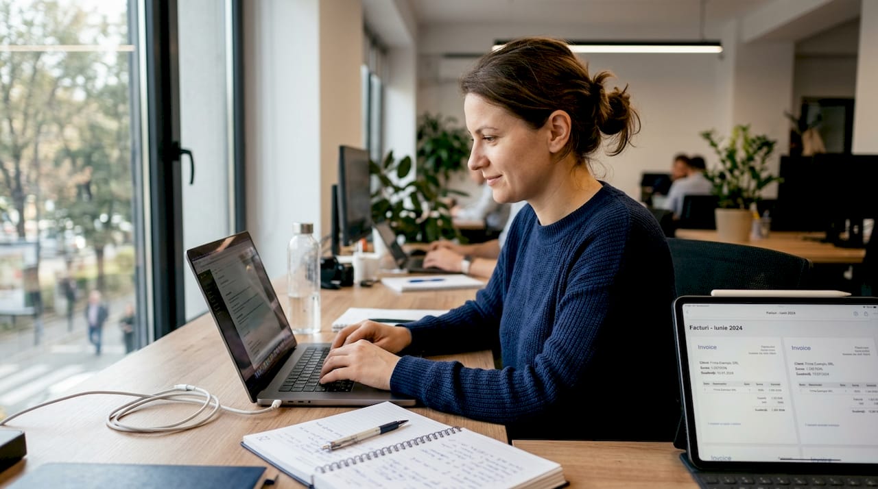 O femeie lucrează la laptop în biroul unei firme mici