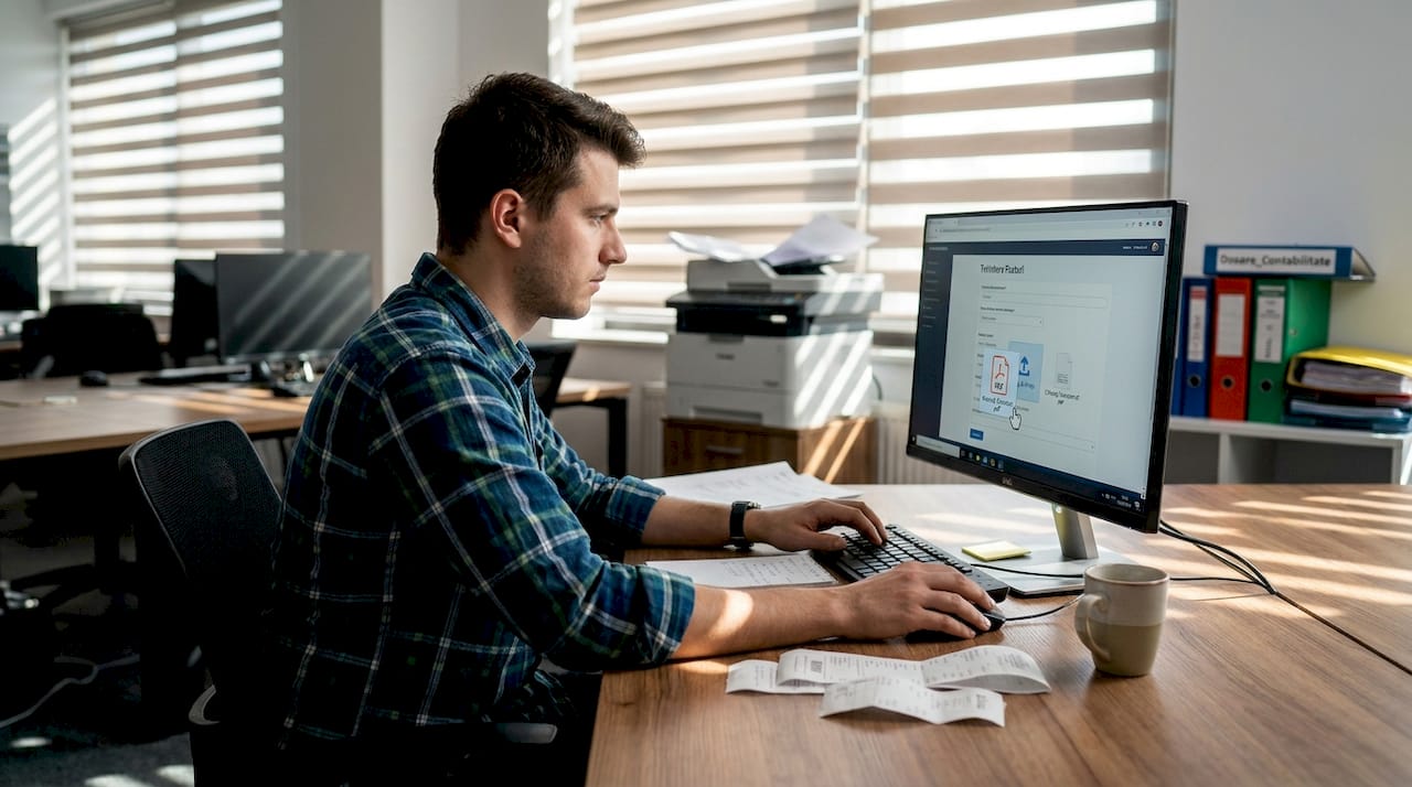 Сотрудник заполняет и подает форму отчета в офисе open space.