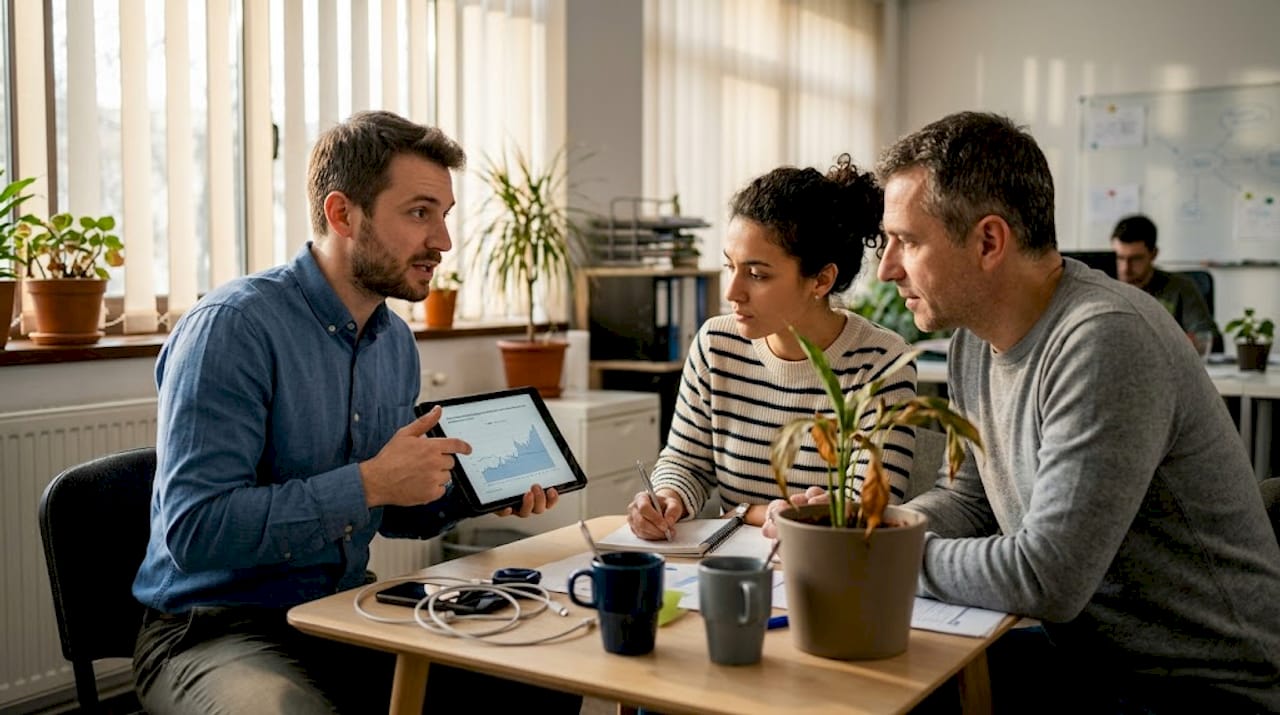 Команда в небольшом офисе анализирует преимущества внедрения ERP.