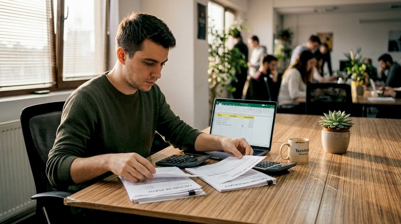 Сотрудник сортирует счета за рабочим столом