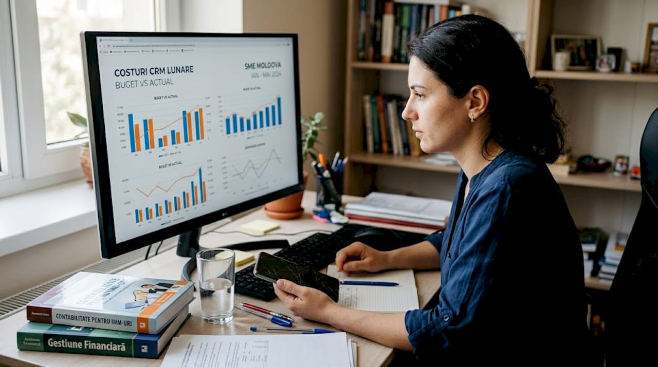 O manageră de firmă mică studiază acasă costurile pentru implementarea unui sistem CRM.