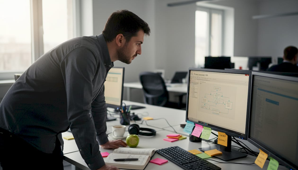 Un specialist IT se ocupă de configurarea softului RPA direct de la birou.