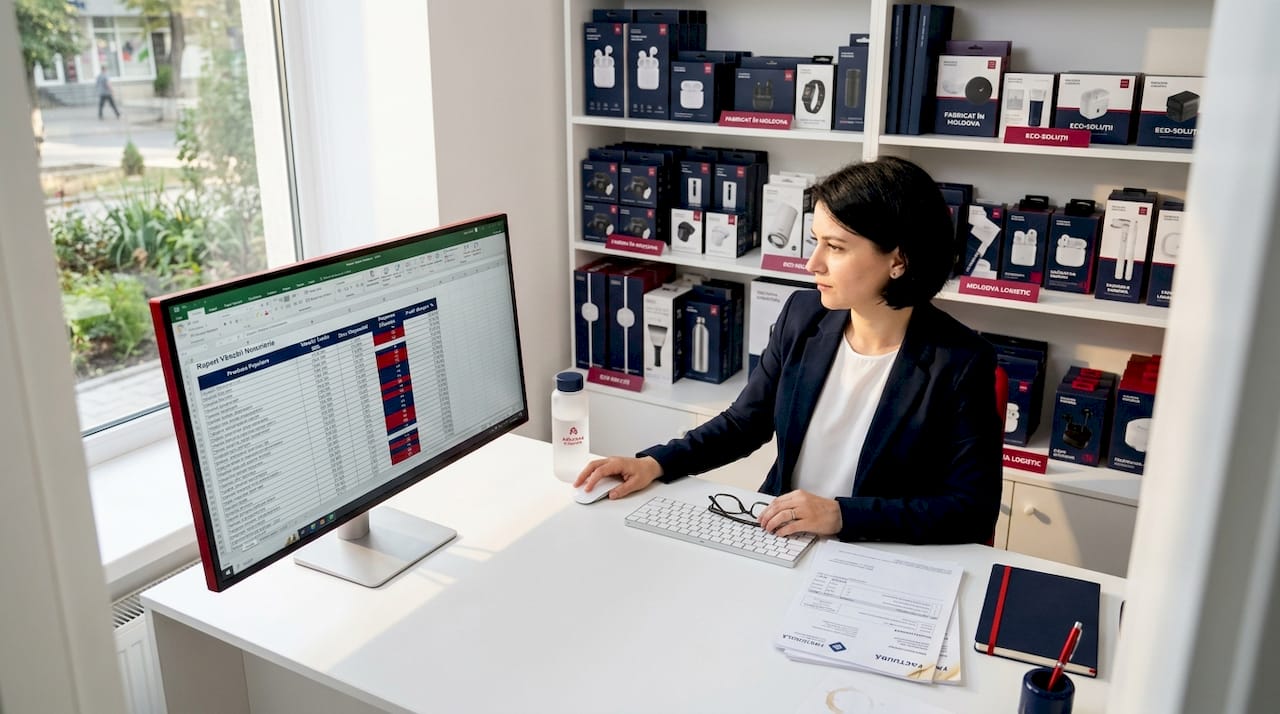 Менеджер анализирует отчеты о онлайн-продажах на рынке Молдовы.