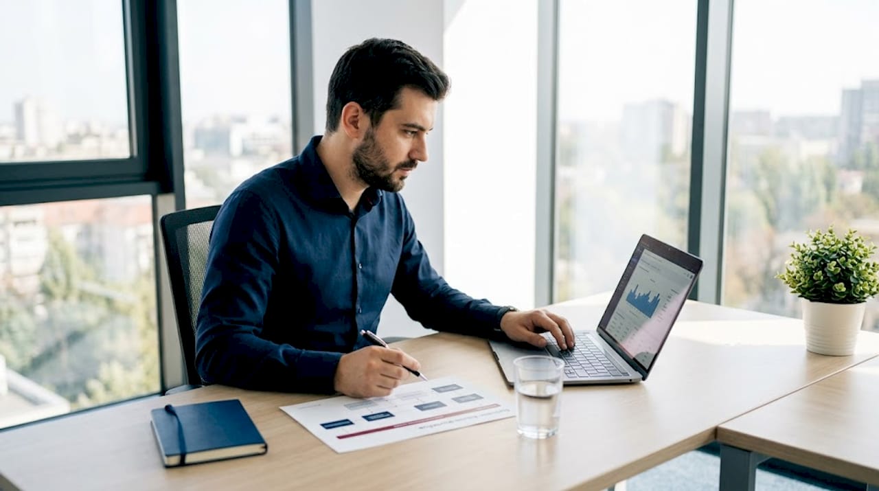 Un antreprenor își organizează activitatea la birou, punând la punct fiecare etapă a fluxului de lucru.