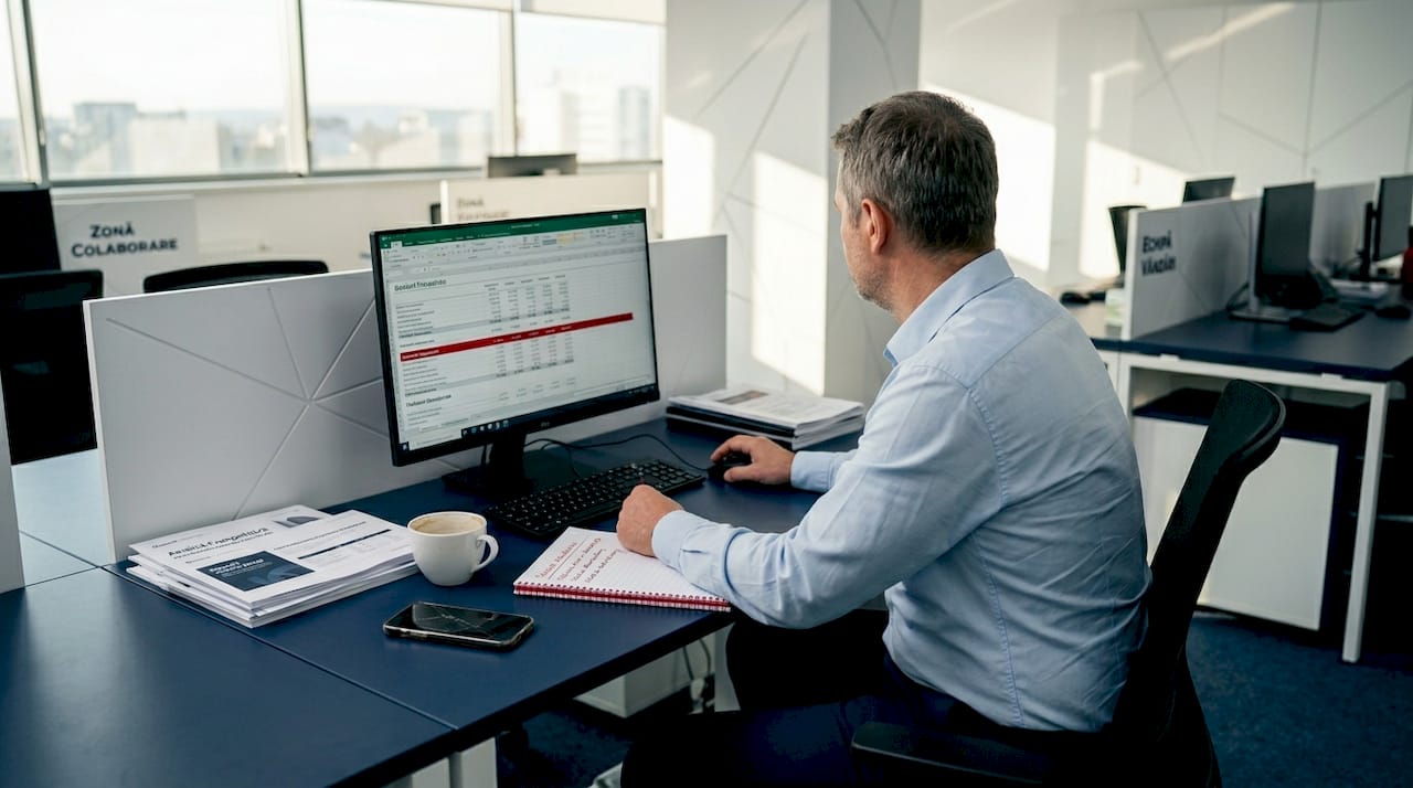 Antreprenor concentrat la biroul său digital, gestionând afacerea dintr-un birou modern.