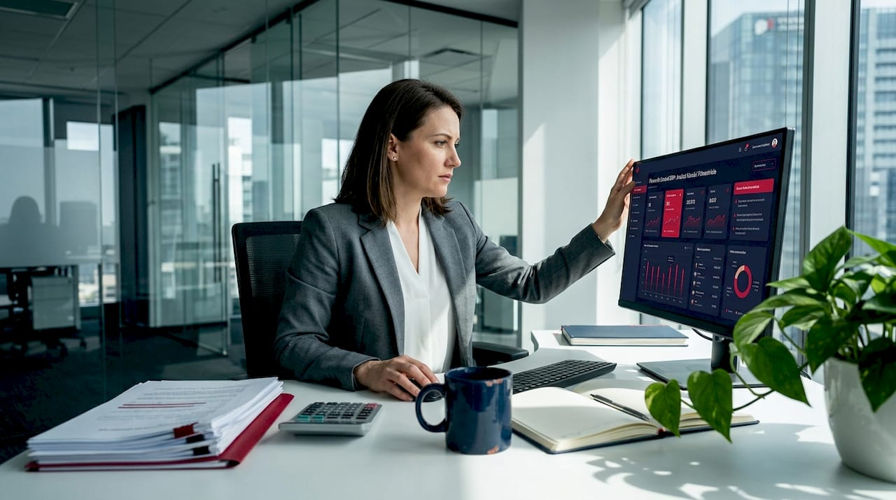 Managerul unei companii analizează datele din panoul de control al sistemului ERP pentru a lua decizii informate.