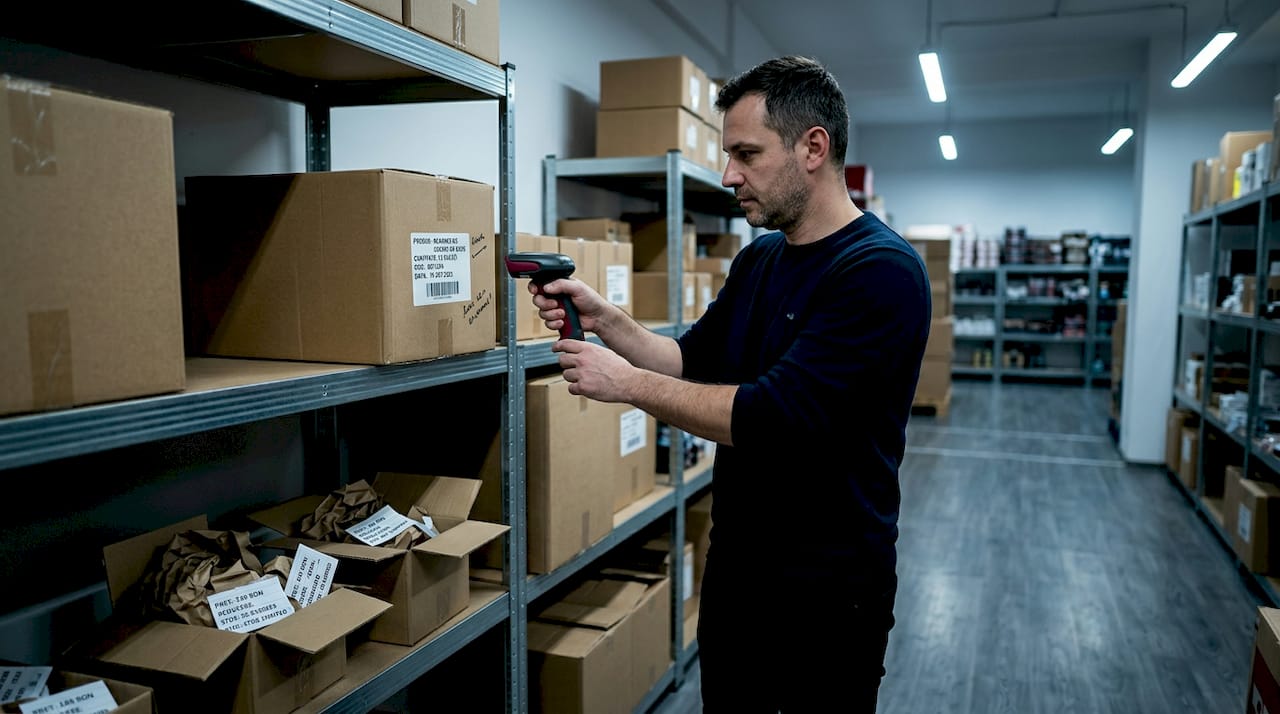 Un angajat verifică stocurile în depozit, scanând produsele pentru inventar.
