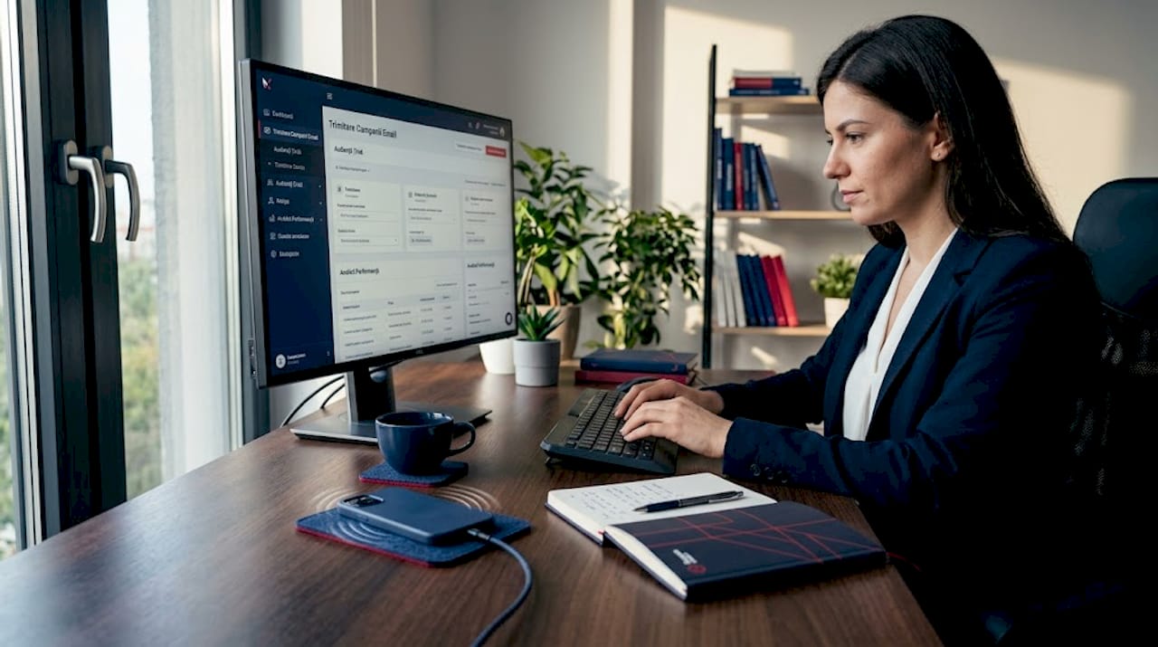 Specialist în marketing care își planifică o campanie CRM, lucrând de acasă, la birou.