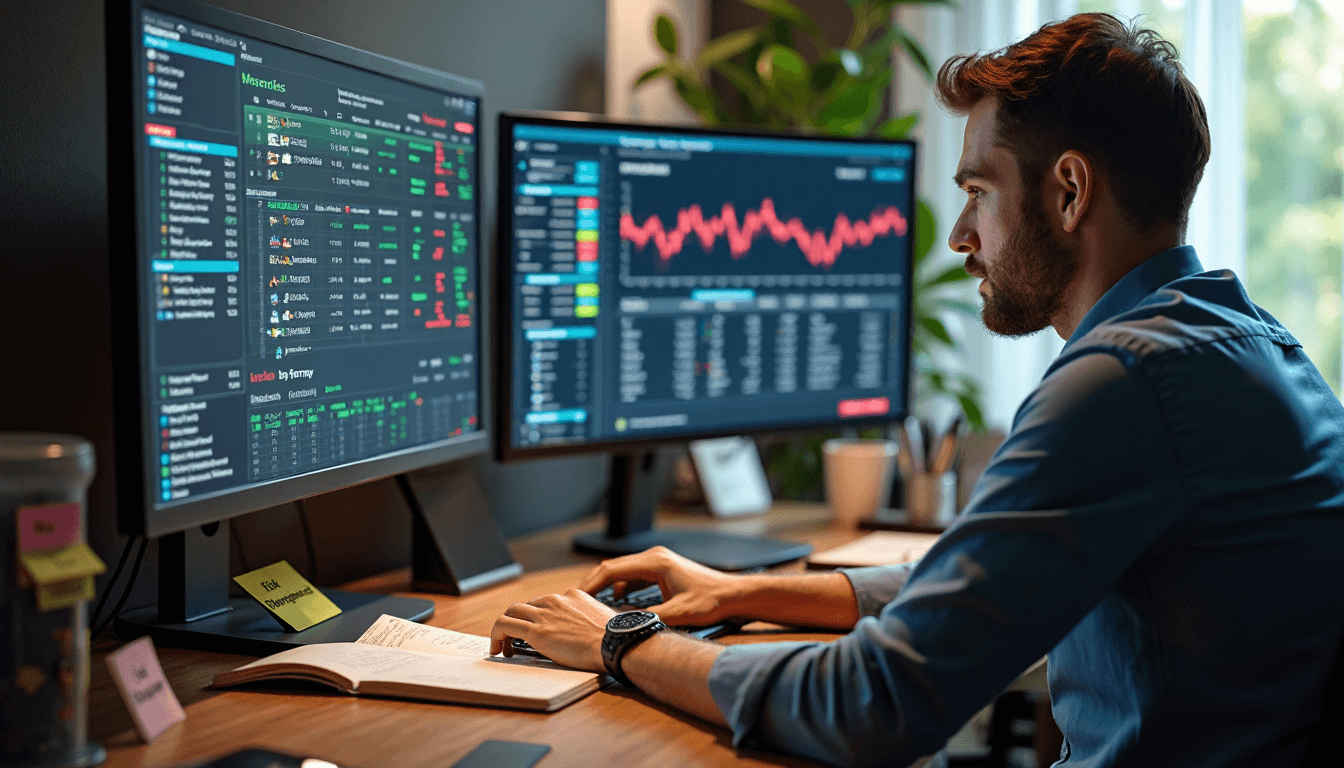 Bettor analyzing sports stats and diversification strategy on dual monitors