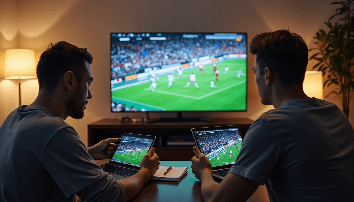 Friends analyzing multi-sport betting odds on screens in a cozy living room