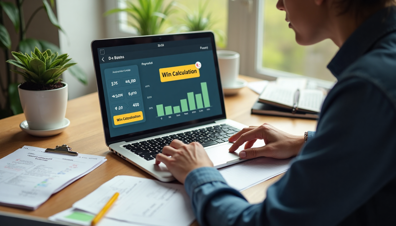 Person calculates betting payouts using laptop and notes