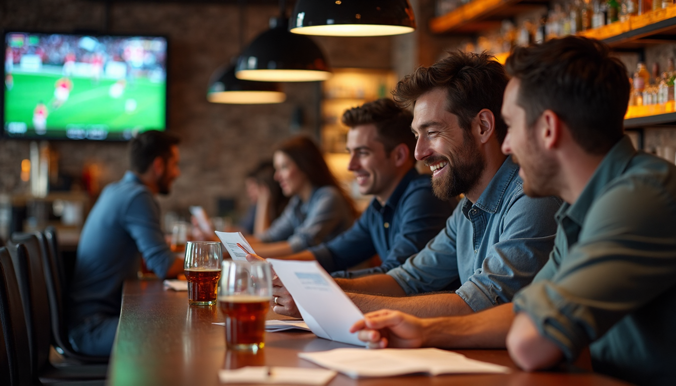 Friends reviewing odds and payouts at a lively sports bar