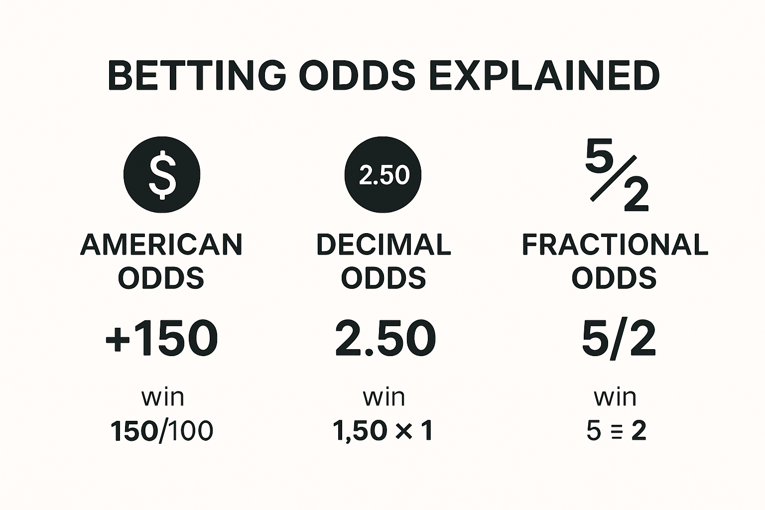 Visual comparison of American, decimal, and fractional sports betting odds formats